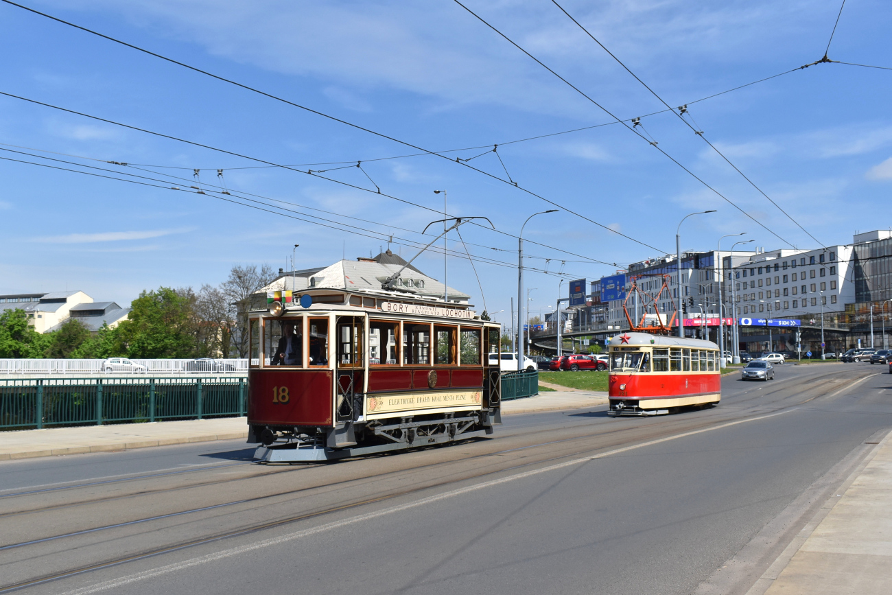 Plzeň, Křižík 2-axle motor car Br. 18; Plzeň, Tatra T1 Br. 121 Plzeň, Křižík 2-axle motor car Br. 18; Plzeň, Tatra T1 Br. 121