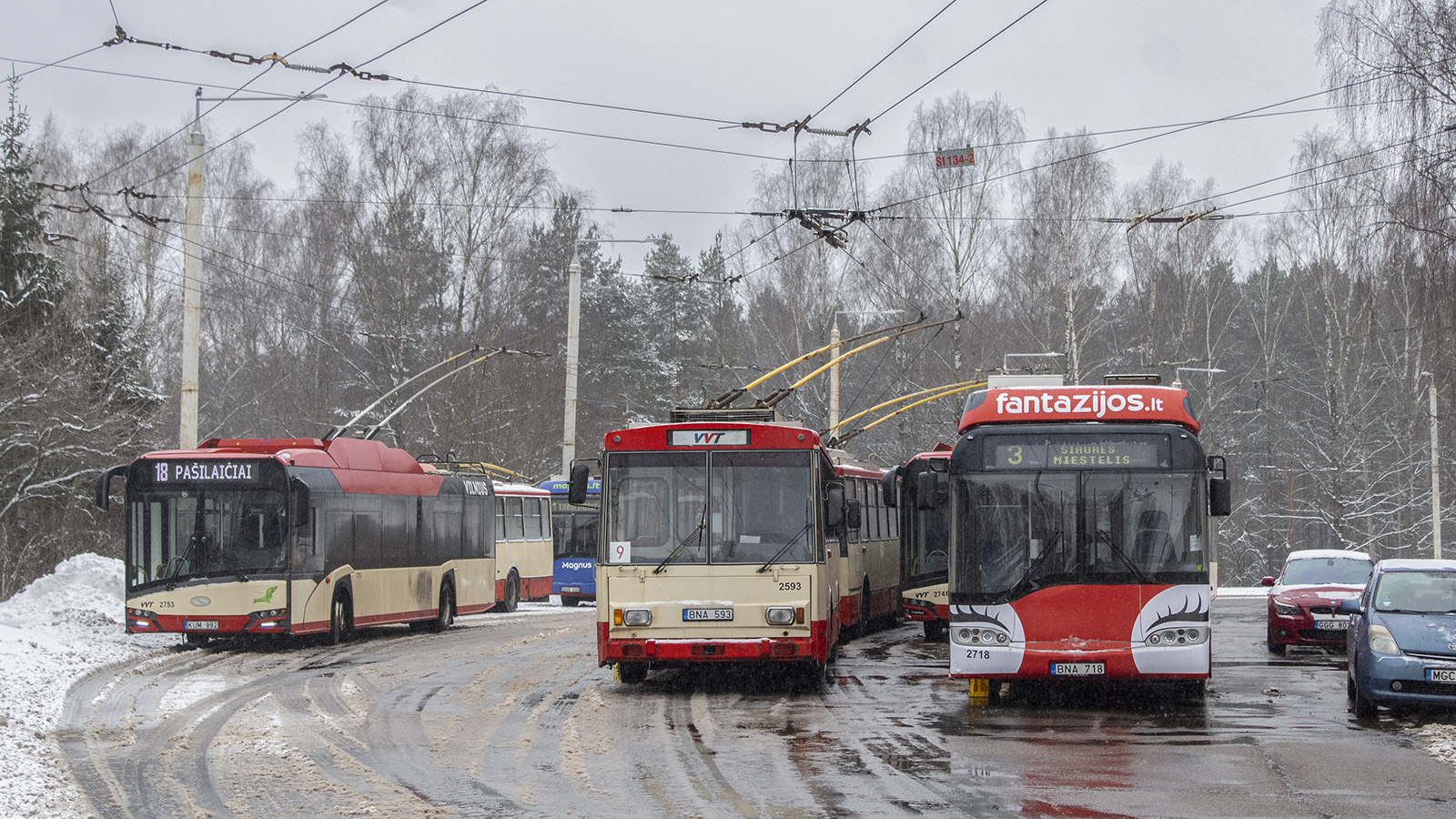 Vilnius, Solaris Trollino IV 12 Škoda Nr. 2753; Vilnius, Solaris Trollino II 15 AC Nr. 2695; Vilnius, Škoda 14Tr13/6 Nr. 2593; Vilnius, Solaris Trollino II 15 AC Nr. 2718; Vilnius — Planned service disruptions (detours)