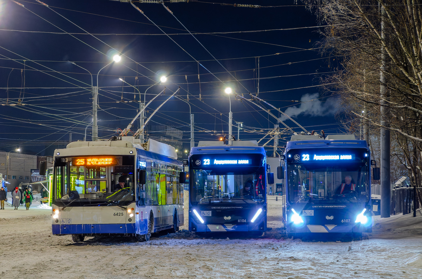 Санкт-Петербург, Тролза-5265.00 «Мегаполис» № 6425; Санкт-Петербург, БКМ 32100D «Ольгерд» № 6104; Санкт-Петербург, БКМ 32100D «Ольгерд» № 6107