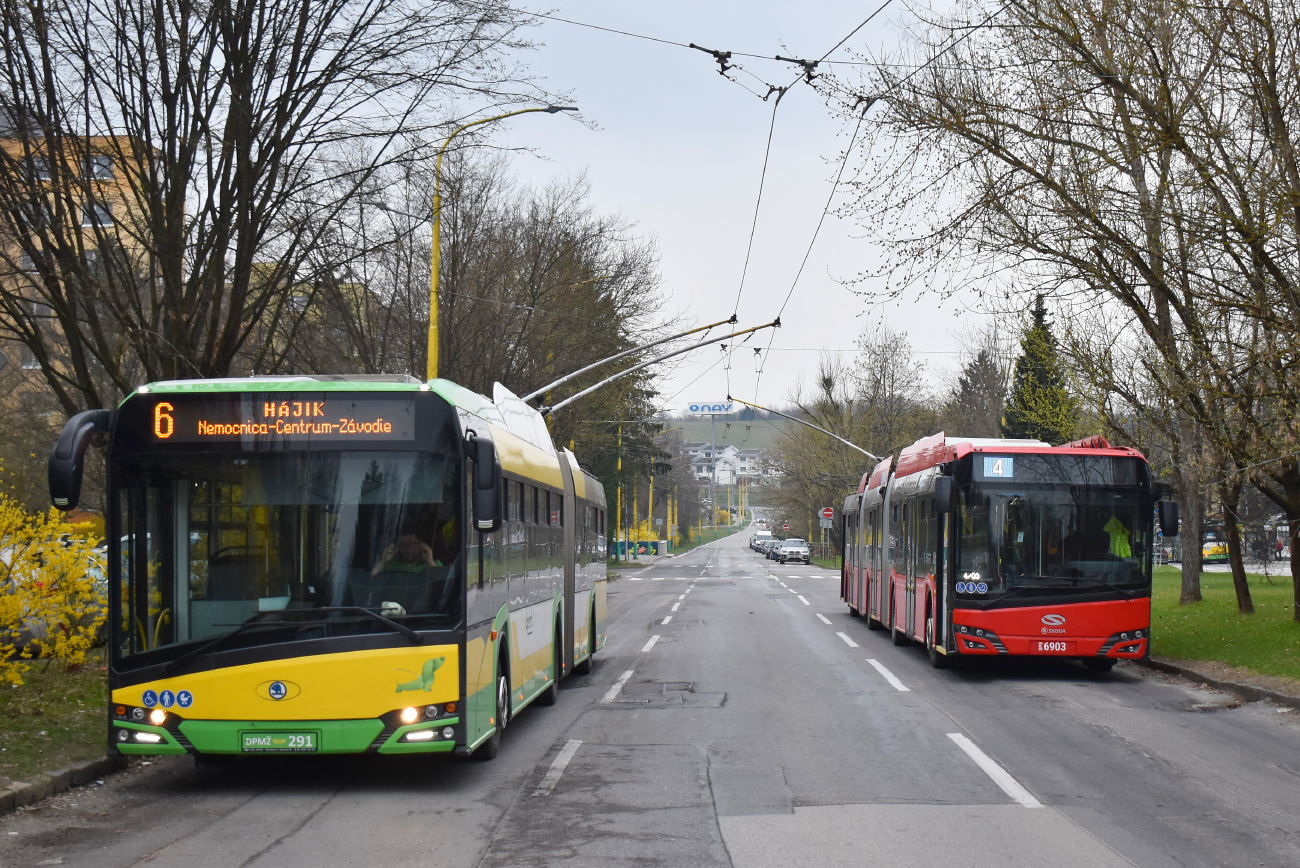 Жилина, Škoda 27Tr Solaris IV № 291; Братислава, Škoda-Solaris 24m (Škoda 38Tr) № 6903