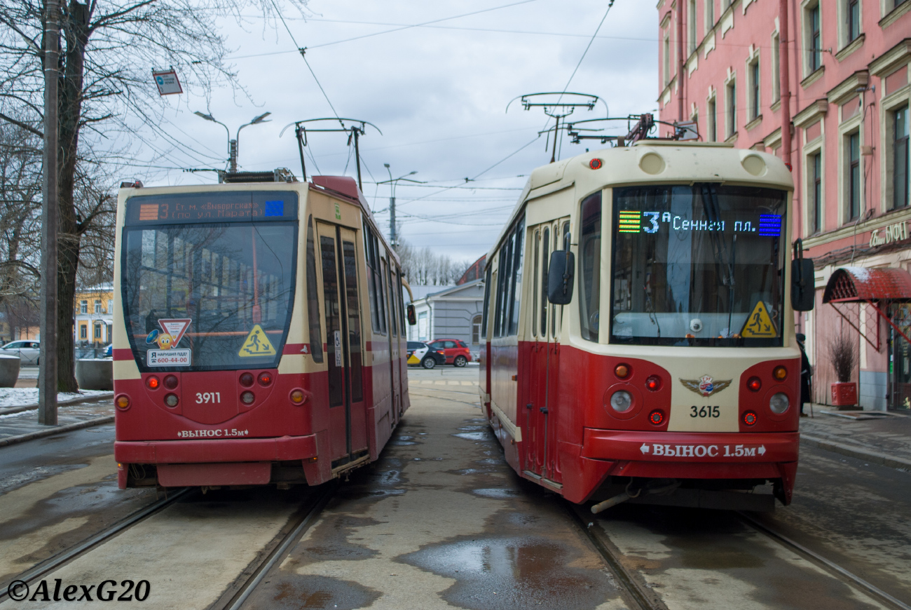 Санкт-Петербург, 71-134А (ЛМ-99АВН) № 3911; Санкт-Петербург, ТС-77 № 3615; Санкт-Петербург — Конечные станции и разворотные кольца
