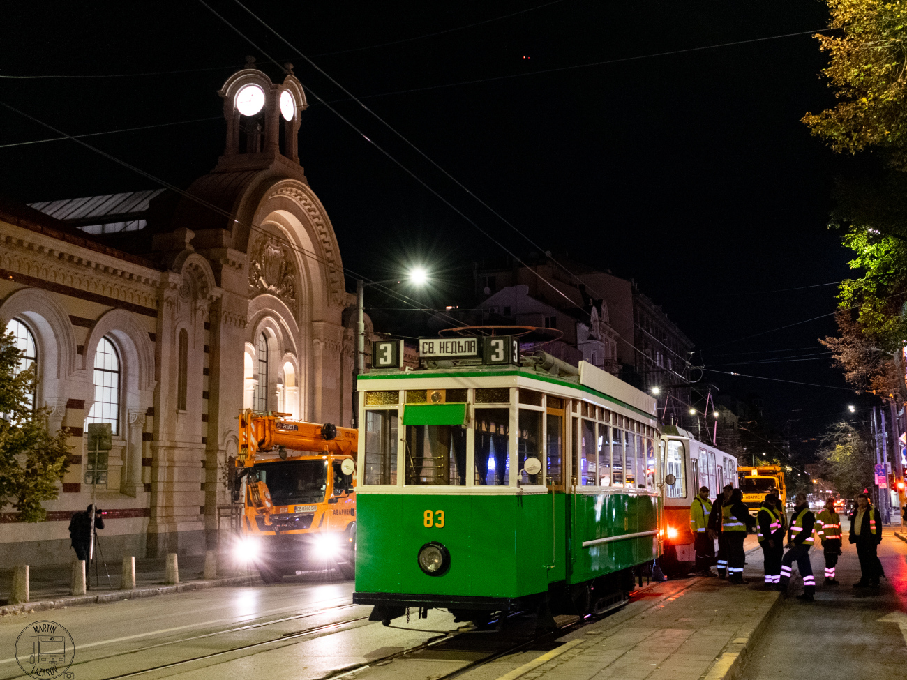 Sofia, Siemens № 83; Sofia — Relocation of vintage tram 83 from Tramcar in front of Central Halls and its designation as a future "Tourist Information Center" — 25.10.2024; Sofia — Service vehicles; Sofia — Unusual compositions of tram trains