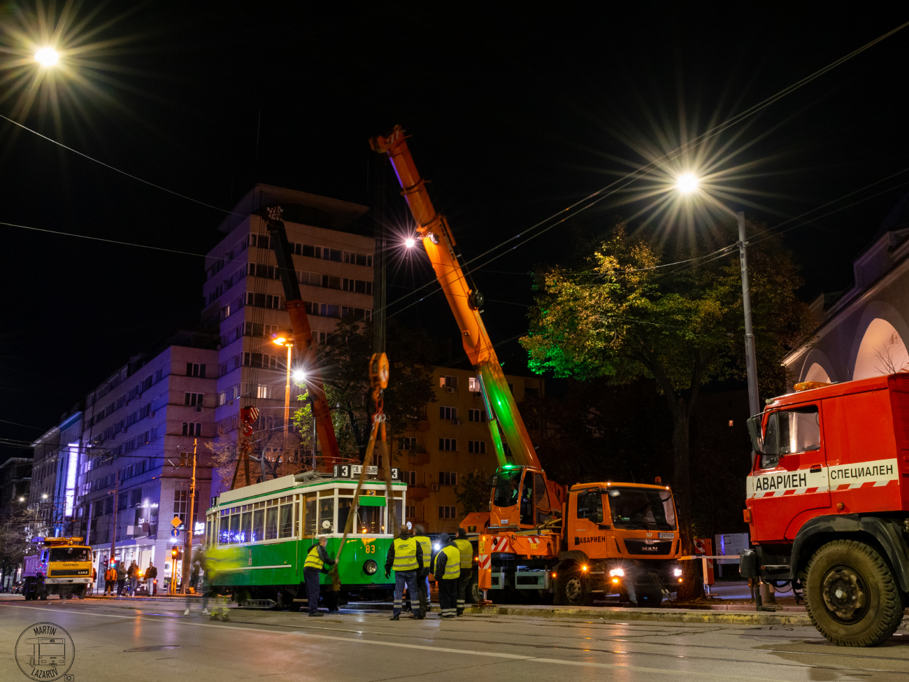 Sofia — Relocation of vintage tram 83 from Tramcar in front of Central Halls and its designation as a future "Tourist Information Center" — 25.10.2024; Sofia — Service vehicles