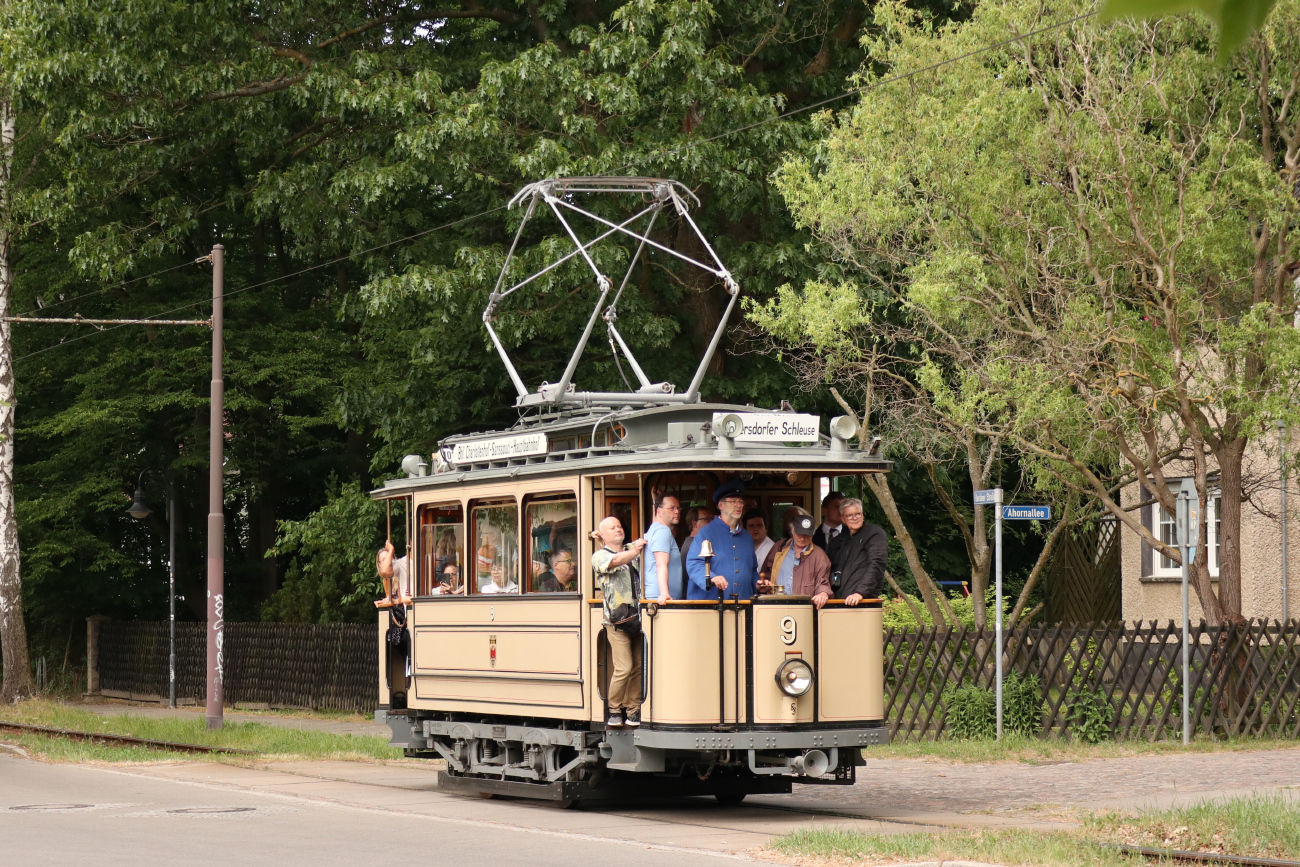 Потсдам, Двухосный моторный Lindner № 9; Вольтерсдорф — Юбилей: 111 лет Вольтерсдорфскому трамваю (19./20.05.2024)