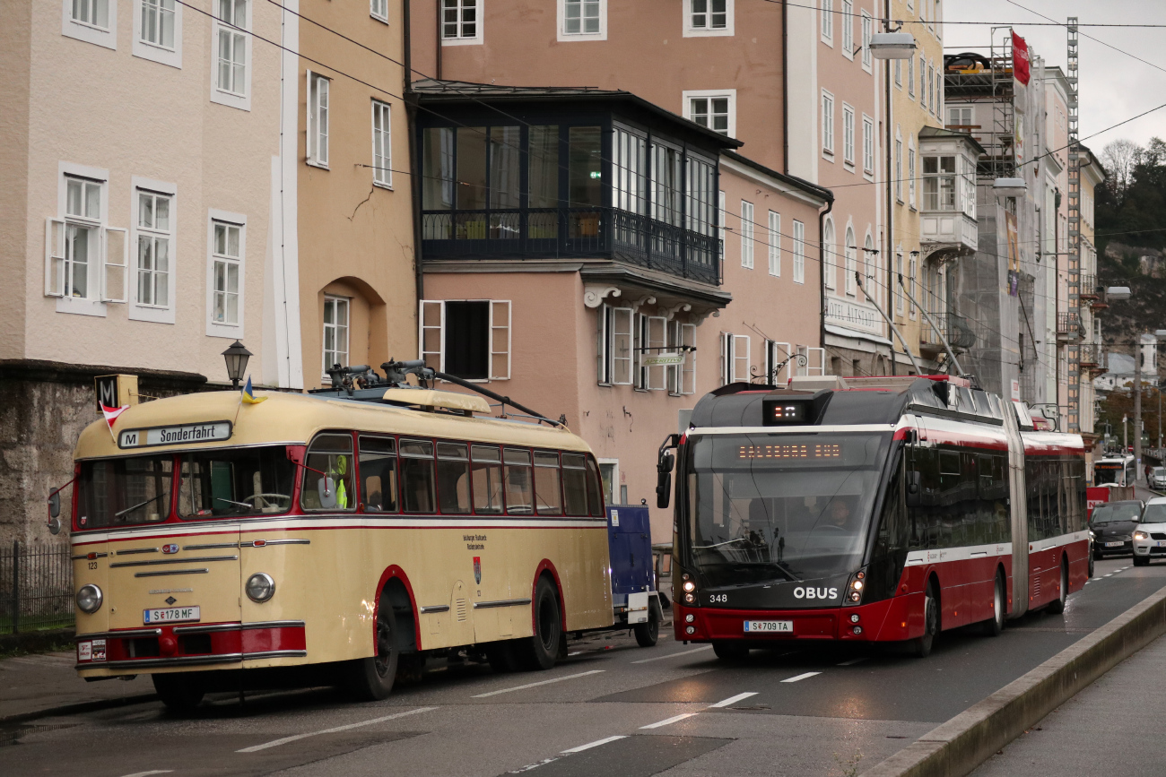 Зальцбург, Henschel/Uerdingen/Kiepe ÜH IIIs № 123; Зальцбург, Solaris Trollino III 18 AC MetroStyle № 348