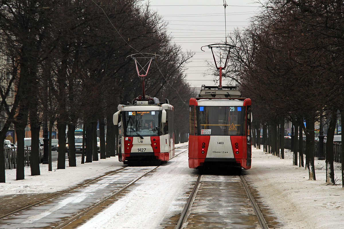 Санкт-Петербург, 71-153 (ЛМ-2008) № 1427; Санкт-Петербург, 71-153 (ЛМ-2008) № 1403; Санкт-Петербург — Трамвайные линии и инфраструктура Санкт-Петербург, 71-153 (ЛМ-2008) № 1427; Санкт-Петербург, 71-153 (ЛМ-2008) № 1403; Санкт-Петербург — Трамвайные линии и инфраструктура