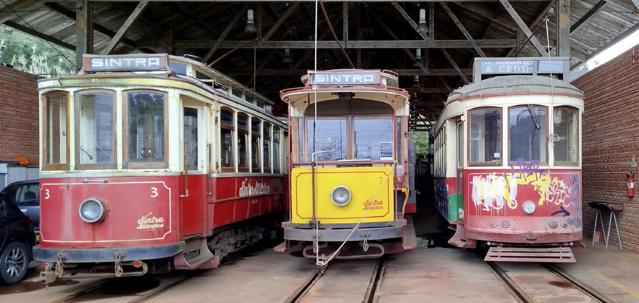 Синтра, Двухосный моторный Brill № 3; Синтра, Двухосный моторный Brill № 7; Синтра, Carris 2-axle motorcar (Standard) № 1; Синтра — 12.03.2025 — Возвращение #615 (Синтра #1) в коллекцию П.Маркеса; Лиссабонская агломерация — 12.03.2025: Возвращение трамвая № 615 в коллекцию Паулу Маркеша