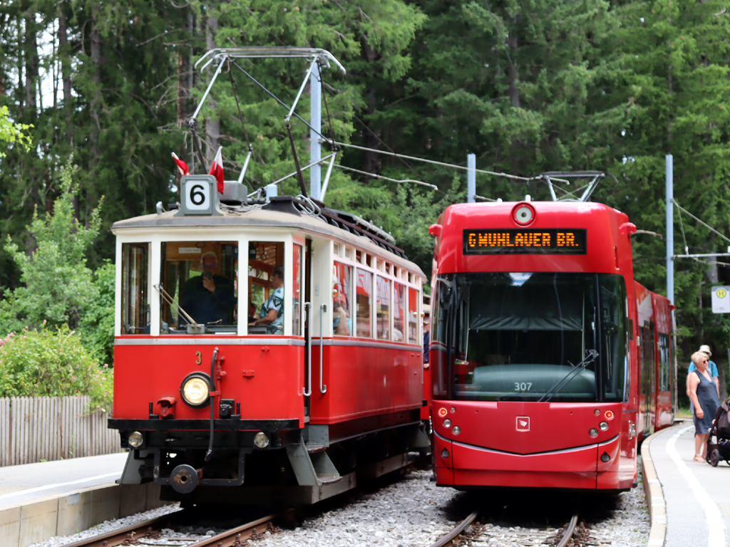 Innsbruck, Graz 4-axle motor car Nr. 3; Innsbruck, Bombardier Flexity Outlook Nr. 307; Innsbruck — 125 Jahre Linie 6