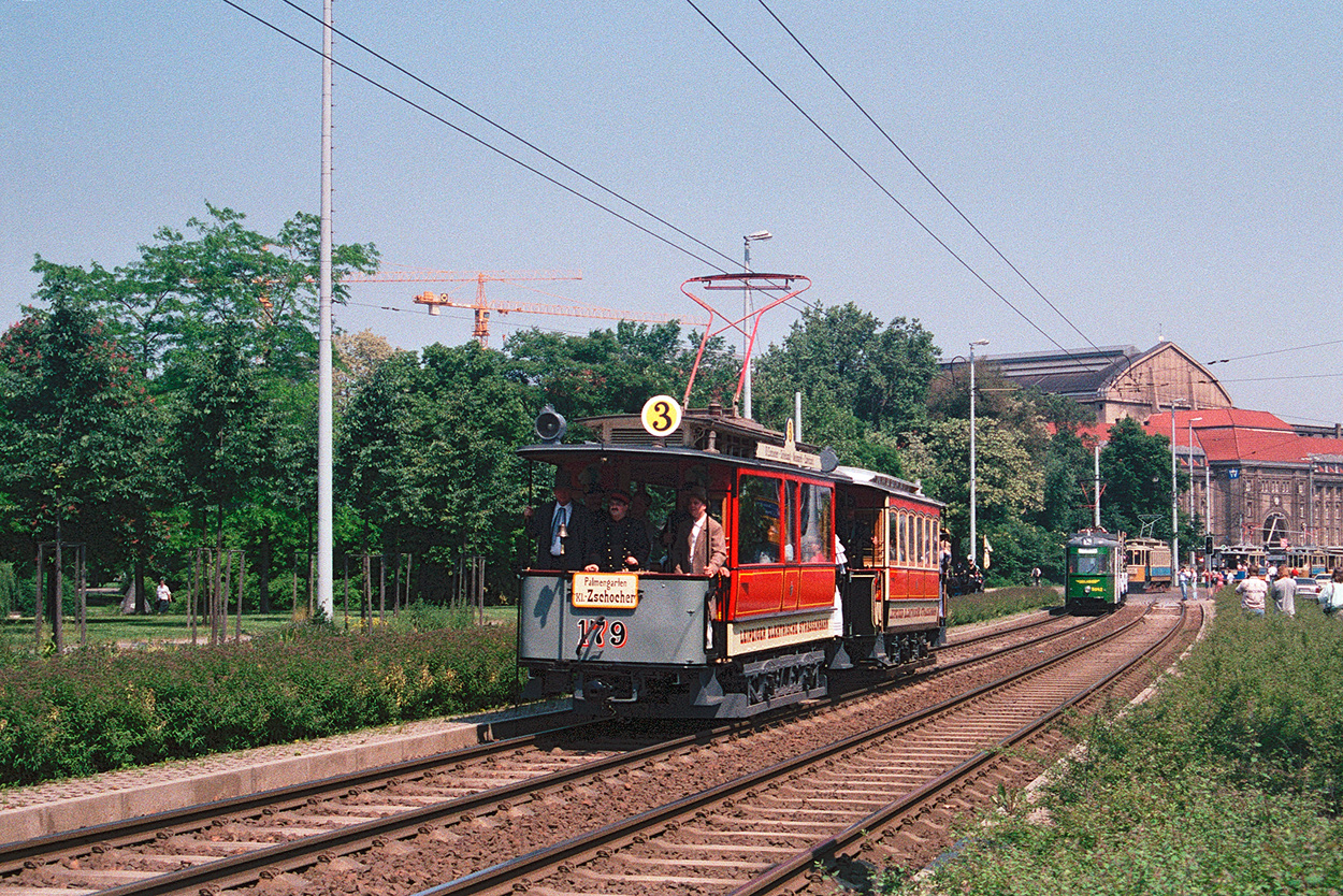 Leipzig, Herbrand 2-axle motor car č. 179; Leipzig — 100 years of electric trams in Leipzig (June 8, 1996)