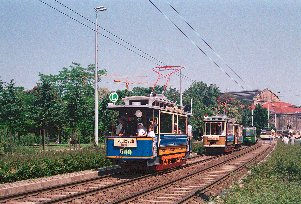 Leipzig, Leipzig 2-axle motor car č. 500; Leipzig — 100 years of electric trams in Leipzig (June 8, 1996)