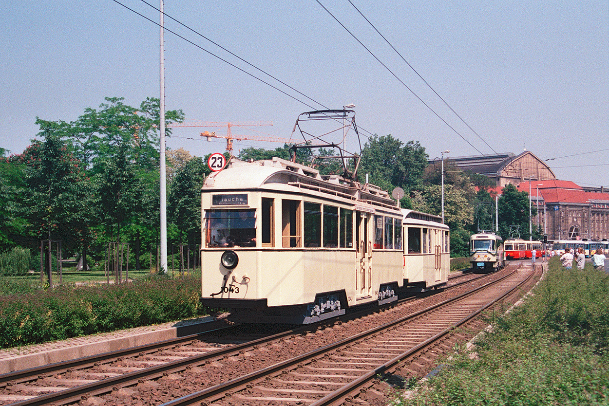 Leipzig, Linke-Hofmann 4-axle motor car č. 1043; Leipzig — 100 years of electric trams in Leipzig (June 8, 1996)