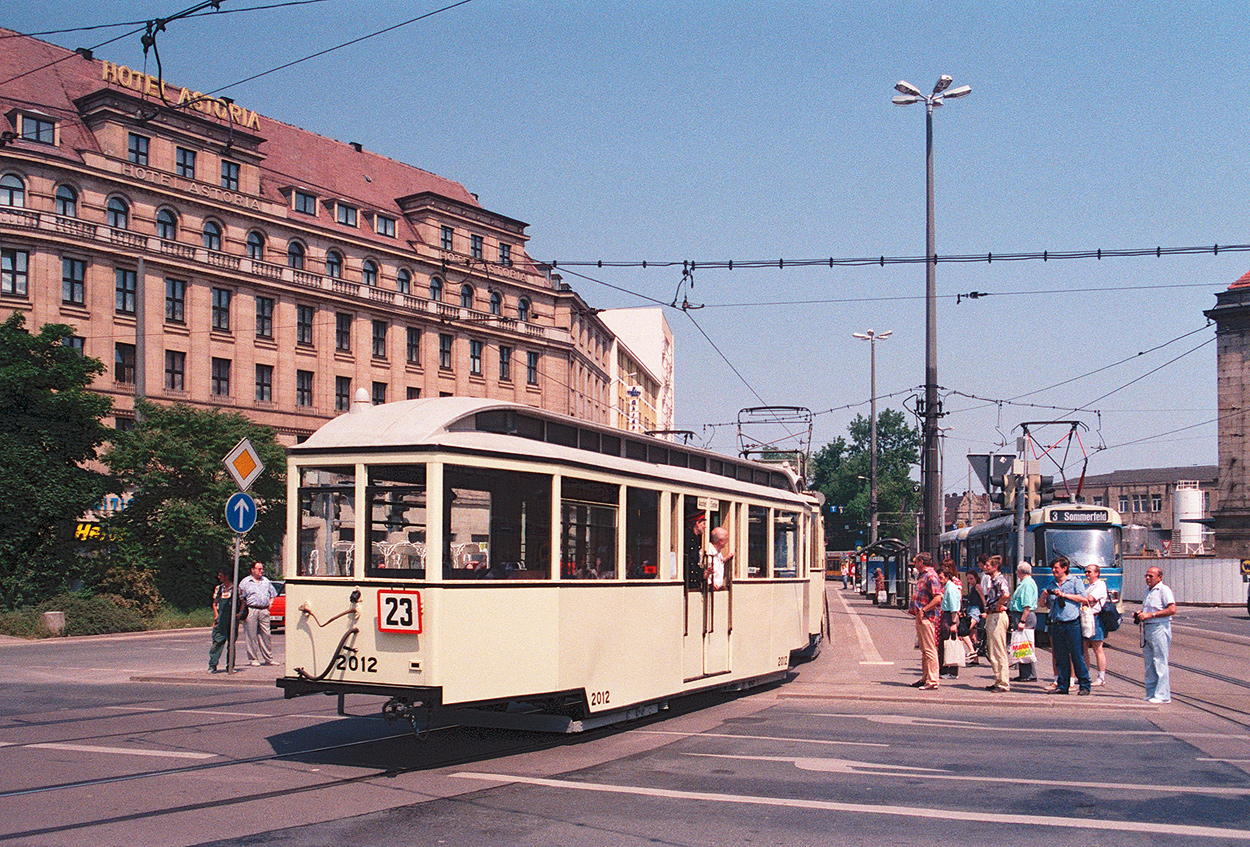 Leipzig, 2-axle trailer car č. 2012; Leipzig — 100 years of electric trams in Leipzig (June 8, 1996)