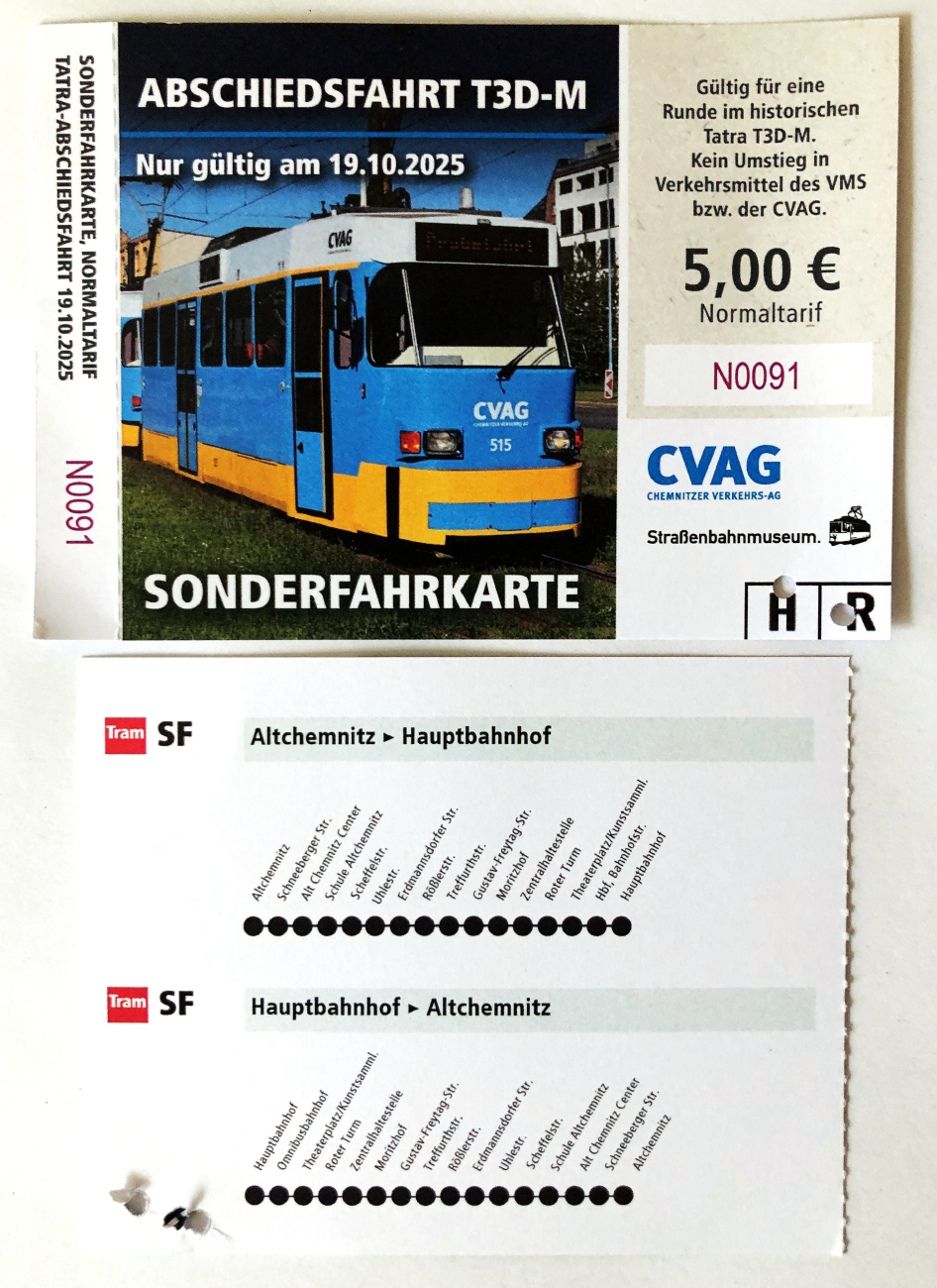 Chemnitz — Official farewell to the Tatra T3DM in Chemnitz (19.10.2025); Chemnitz — Tickets • Fahrscheine