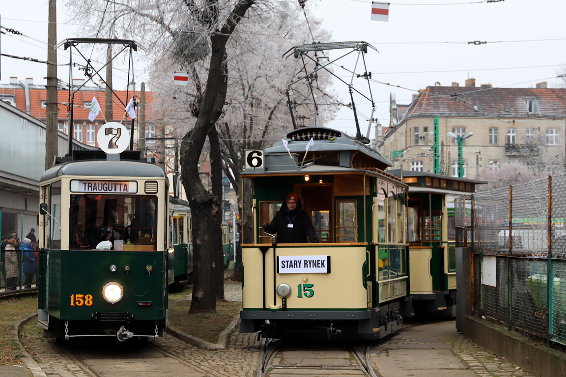 Poznań, Fuchs KSW motor car — 158; Poznań, Modertrans/BSI 2-axle motor car — 15; Poznań — 145 anniversary of public transport in Poznań